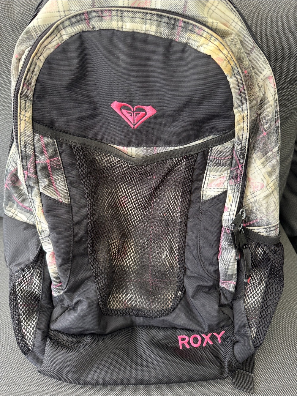 Roxy Y2K Plaid Backpack Logo Distressed Grunge Surf Beachy Travel Adventure
